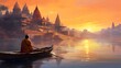 oil painting on canvas, Ancient Varanasi city architecture at sunset with view of sadhu baba enjoying a boat ride on river Ganges.