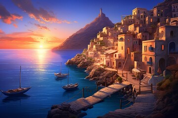 Wall Mural - A peaceful coastal village at sunset, with quaint houses perched on cliffs overlooking the calm, azure waters of the sea