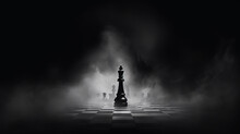 A Lonely Chess Piece On A Chessboard In Disturbing Lighting And Fog, Concept Strategy Decision-making Leadership
