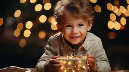 Wall Mural - Little kid opening present for Christmas, Christmas concept, happy life