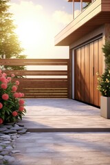 Poster - A charming house with a wooden fence and colorful flowers in front. Perfect for home and garden related projects