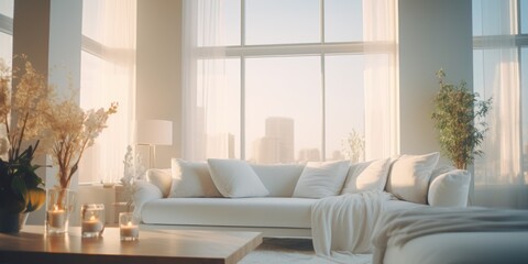 Poster - A comfortable living room filled with furniture and featuring a spacious, large window. Perfect for interior design projects or showcasing home decor ideas
