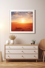 Poster - A beautiful sunset fills a cozy living room with warm, golden light. Perfect for adding a touch of serenity and tranquility to any space