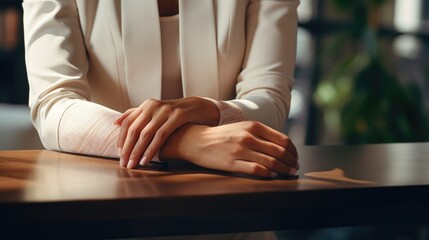 Aufkleber - A woman sitting at a table with her hands resting on the table. This image can be used to depict relaxation, concentration, or contemplation in various settings