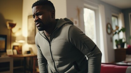 Poster - A man wearing a hoodie stands in a well-lit living room. Suitable for various uses