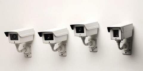 Poster - A row of surveillance cameras mounted on a wall. Can be used for security, monitoring, or surveillance purposes