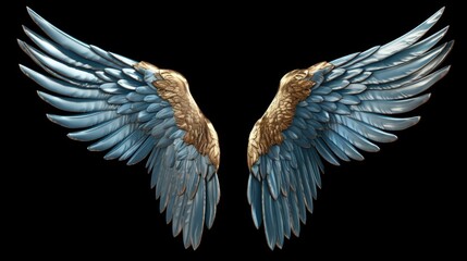 Poster - Blue and gold wings on a black background. Versatile image suitable for various themes and concepts