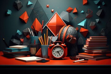 Poster - A desk with various office supplies including a clock, books, pencils, and other essentials. Perfect for illustrating productivity, time management, and a well-organized workspace