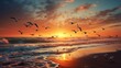 © Alpa - Beautiful group of birds at beach with sea wave and sunset view. Animals concept background. Generative AI
