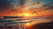 Beautiful Group Of Birds At Beach With Sea Wave And Sunset View. Animals Concept Background. Generative AI