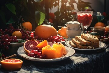 Poster - A table topped with plates of fruit and bread. Perfect for food-related projects