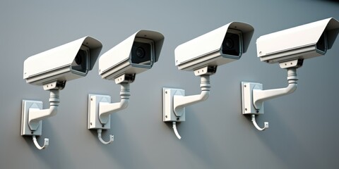 Poster - A row of surveillance cameras mounted on a wall. Can be used for security concepts or monitoring situations