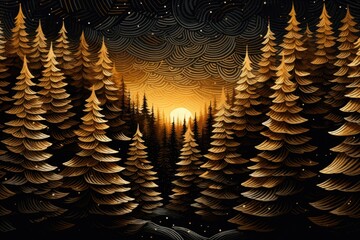 Aufkleber - A painting of a serene forest filled with tall pine trees. This picture captures the tranquility and natural beauty of a peaceful woodland. Perfect for nature-themed projects and designs