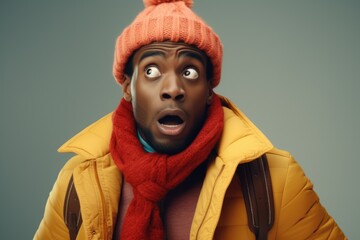 Aufkleber - A picture of a man wearing a yellow jacket and a red scarf. This versatile image can be used in various contexts