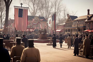 President`s day background. The text of PRESIDENT`S DAY and the US flag, Mt. Rushmore sculpture of presidents South Dakota

