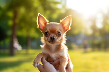 Wall Mural - Portrait of cute chihuahua puppy in park on summer sunny day. owner carefully holds dog in his arms