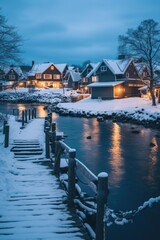 Wall Mural - A picturesque wooden bridge spanning over a serene body of water. Perfect for nature and landscape themes