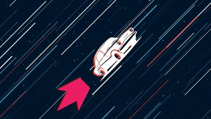 Poster - Vintage car symbol flies through the universe on a jet propulsion. The symbol in the center is shaking due to high speed. Seamless looped 4k animation on dark blue background with stars
