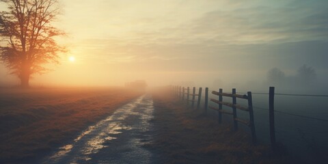 Poster - A misty field with a fence in the foreground. Suitable for nature and landscape themes