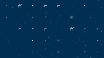 Poster - Template animation of evenly spaced camel symbols of different sizes and opacity. Animation of transparency and size. Seamless looped 4k animation on dark blue background with stars