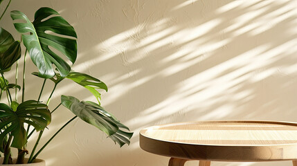 Wall Mural - Wooden round side table with green tropical plant leaf and beautiful sun light and shadow on beige wall for luxury beauty, organic, health, cosmetic, jewelry fashion product display background 