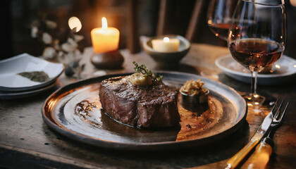 Wall Mural - Delicious Grilled Steak with Rosemary Sauce - Gourmet BBQ Dinner on a Plate