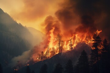 Poster - A large fire is burning in the mountains. Ideal for illustrating natural disasters and the destructive power of fire