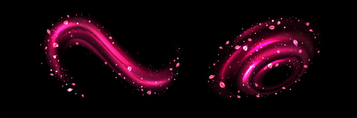 Wall Mural - Pink light circular neon elements with swoosh effect and flower petals. Realistic vector illustration set of glowing swirl circle lines with flying leaves and sparkles. Magic luminous wave wind.