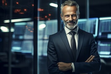 Wall Mural - Portrait of a confident mature businessman standing with arms crossed in office.