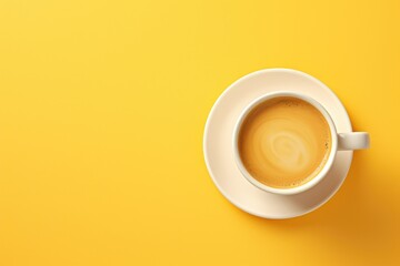 Poster - A simple and minimalistic image of a cup of coffee placed on a bright yellow surface. This versatile image can be used in various design projects, blogs, articles, and social media posts
