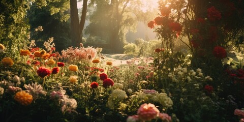 Poster - Sun shining through the trees and flowers. Perfect for nature and garden-related designs