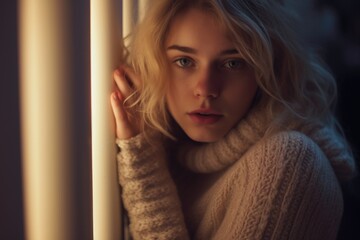 Aufkleber - A woman leaning against a wall in a dark room. Suitable for interior design projects or mood-setting visuals