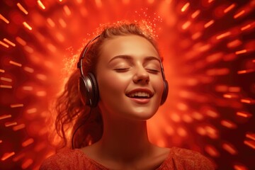 Aufkleber - A woman with headphones is singing into a microphone. This image can be used for music-related projects or promotional materials