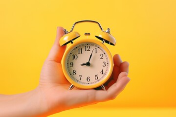 Poster - A person holding a yellow alarm clock. Perfect for illustrating time management and punctuality.