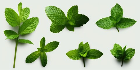 Poster - Collection of fresh mint leaves on a clean white surface. Suitable for culinary, herbal, or natural health-related projects