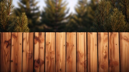 Poster - A picture of a wooden fence with a backdrop of pine trees. Ideal for adding a rustic touch to various projects