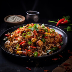 Wall Mural - Fried rice with vegetable topping is served above