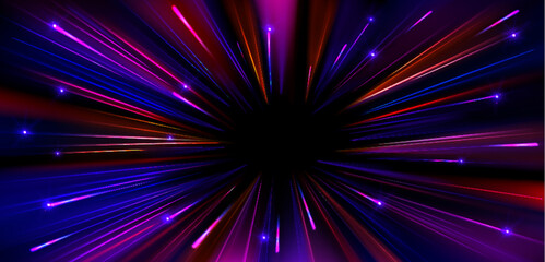 Poster - fast light motion speed effect. vector realistic illustration of abstract neon pink, purple rays, ci