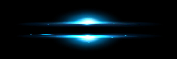 Wall Mural - Blue light flash lines isolated on black background. Vector realistic illustration of horizontal energy blast strip, space explosion glare effect, bright shine on horizon, magic power burst fading