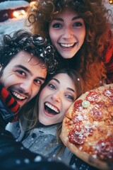 Poster - A group of people gathered together to pose for a picture, holding a delicious pizza.