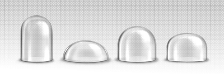 Poster - Glass hemisphere transparent dome. Realistic vector illustration set of plastic protection half globe. Geometric ball to cover showcase or product stand. Empty round clear safety container or jar.