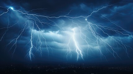 Poster - A powerful lightning storm illuminating the night sky over a city. Perfect for illustrating the intensity of a storm or showcasing the beauty of nature's power.