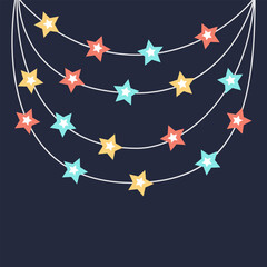 Wall Mural - Christmas lights. Colorful star sparkle glowing garland. String fairy light set. Cartoon holiday festive xmas decoration. Hanging decoration. Flat design. Isolated. Black background.