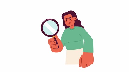 Poster - South asian woman loupe looking glass 2D character animation. Indian female inspector magnifier flat cartoon 4K video, transparent alpha channel. Employee recruiter animated person on white background