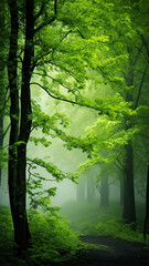 Wall Mural - misty landscape in a fresh green spring forest, vertical panoramic view, trunks of green trees in th