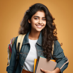 College girl holding books and backpack, giving happy expression