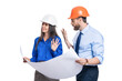 © be free - Architect planning work. Chief engineer and architect in hardhat isolated on white. Safety business. Data protection. Supervisor engineer with blueprint. Plan construction project. Having mistake