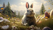 Easter  Christian Day Illustration of an Easter bunny with Easter eggs on a sunny spring day. Generative Ai