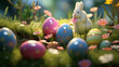 Illustration of an Easter bunny with easter eggs on a sunny spring day, Colorful Easter eggs. Generative Ai