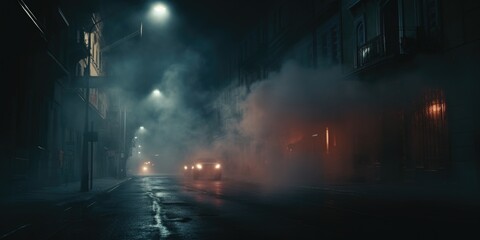 Poster - A city street at night covered in fog, illuminated by street lights. Perfect for urban or mysterious-themed projects